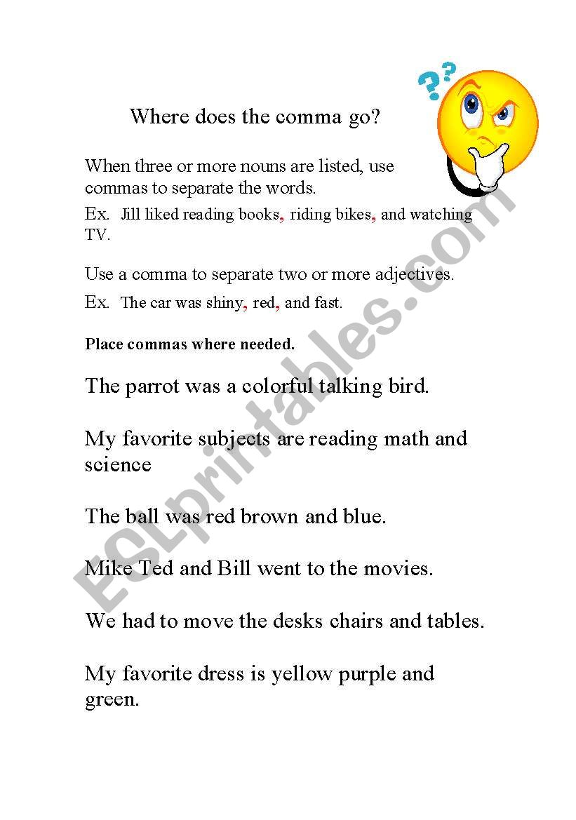 Where does the comma go? worksheet