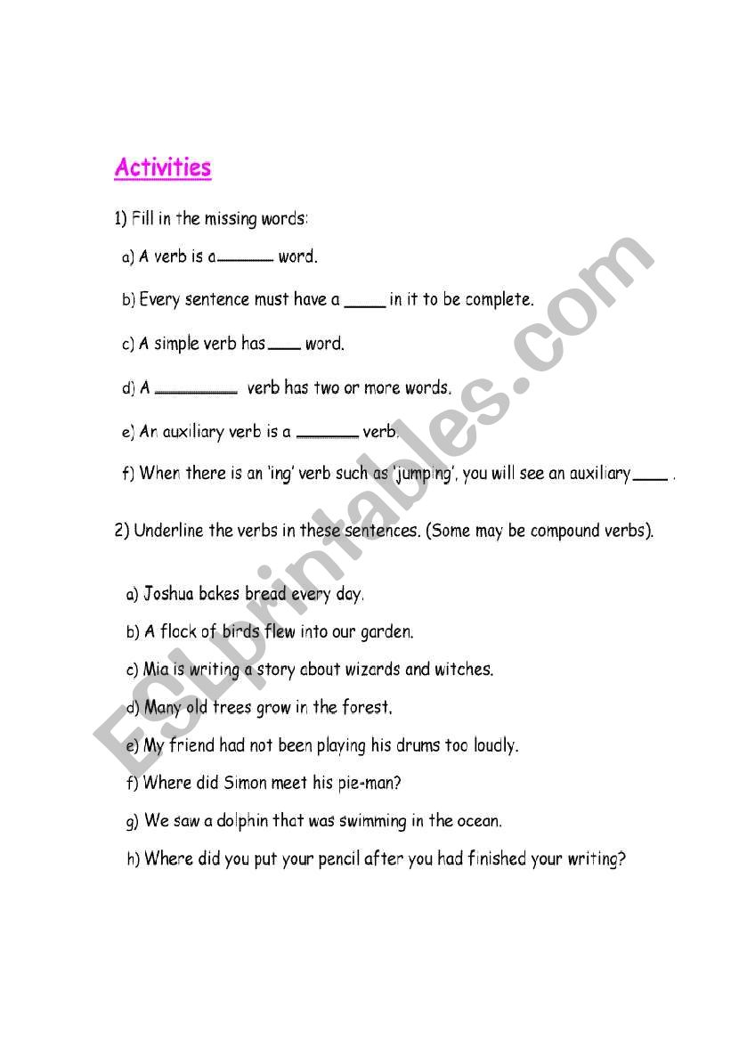 Verb activities  worksheet