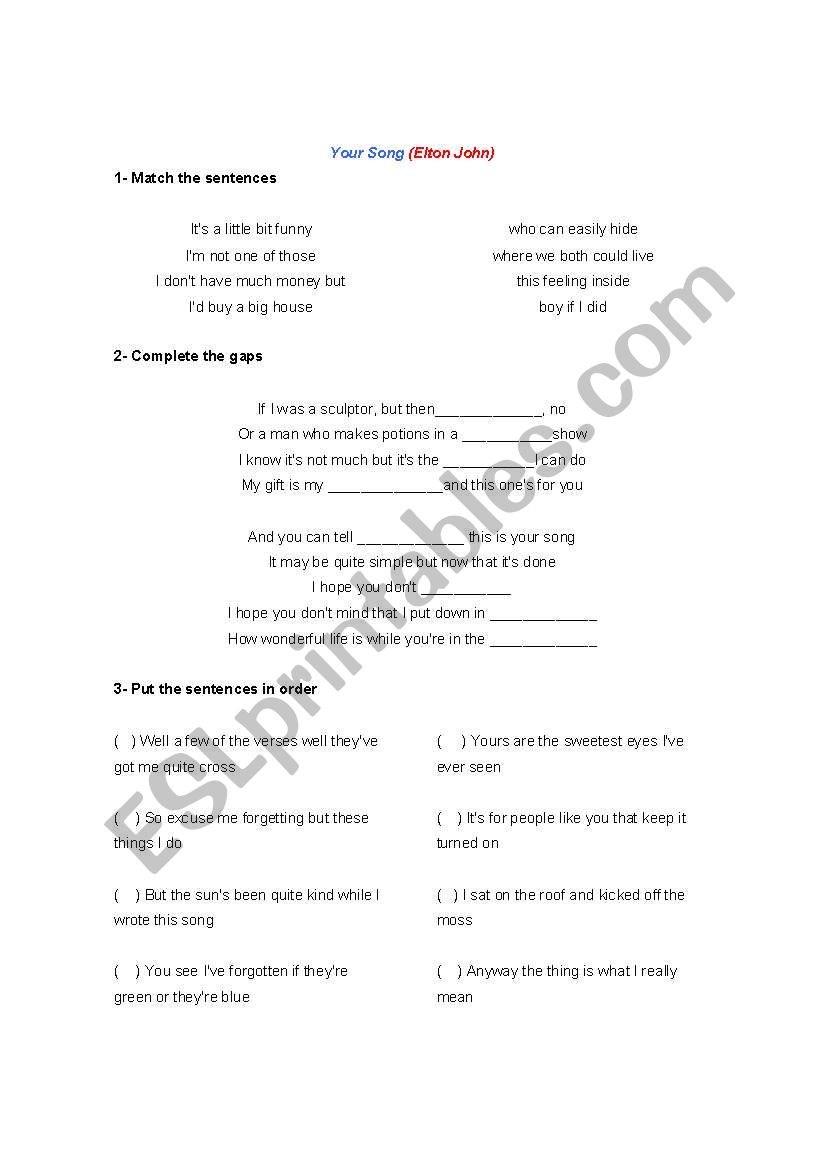 Your Song- Elton John worksheet