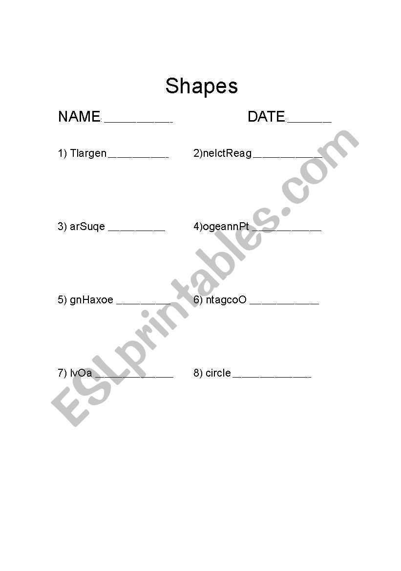 Shapes Word Scramble worksheet