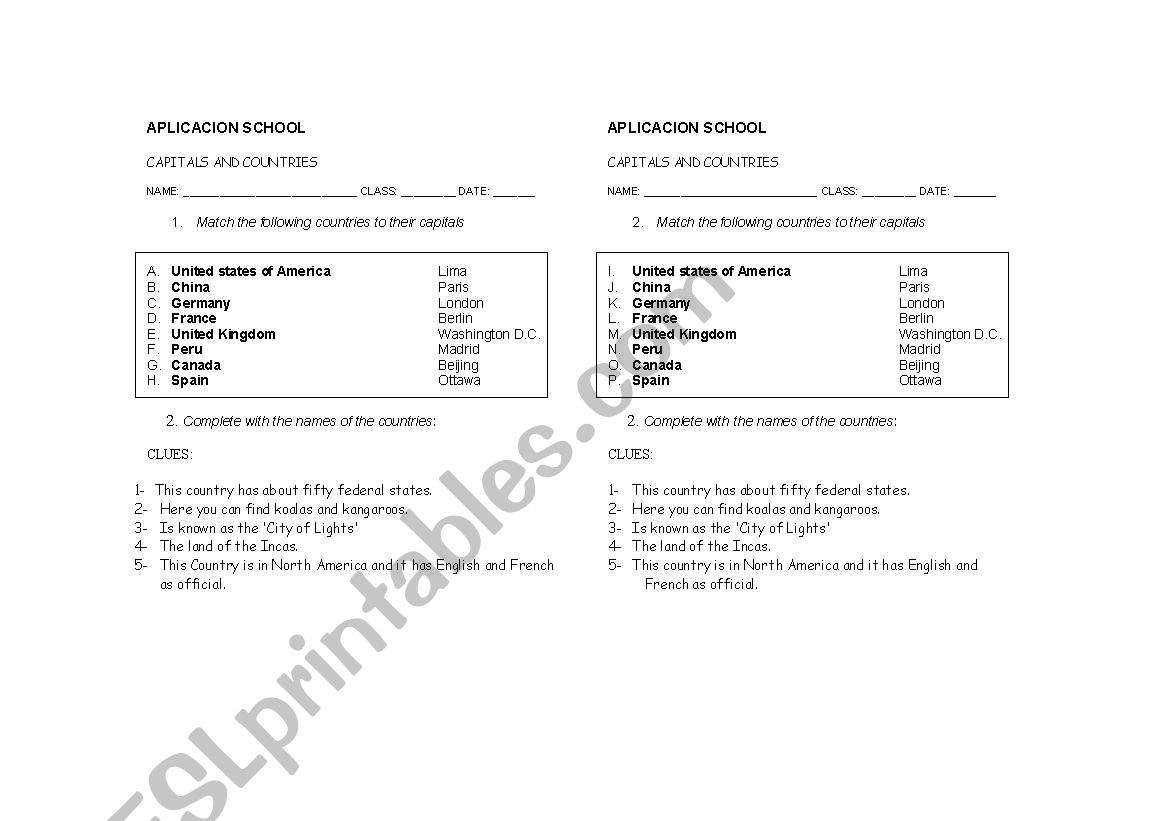 capitals worksheet