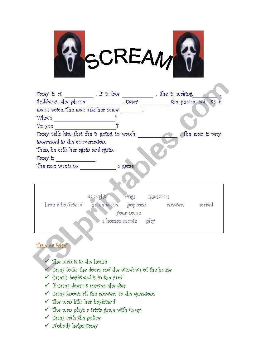 SCREAM 15 minute movie worksheet