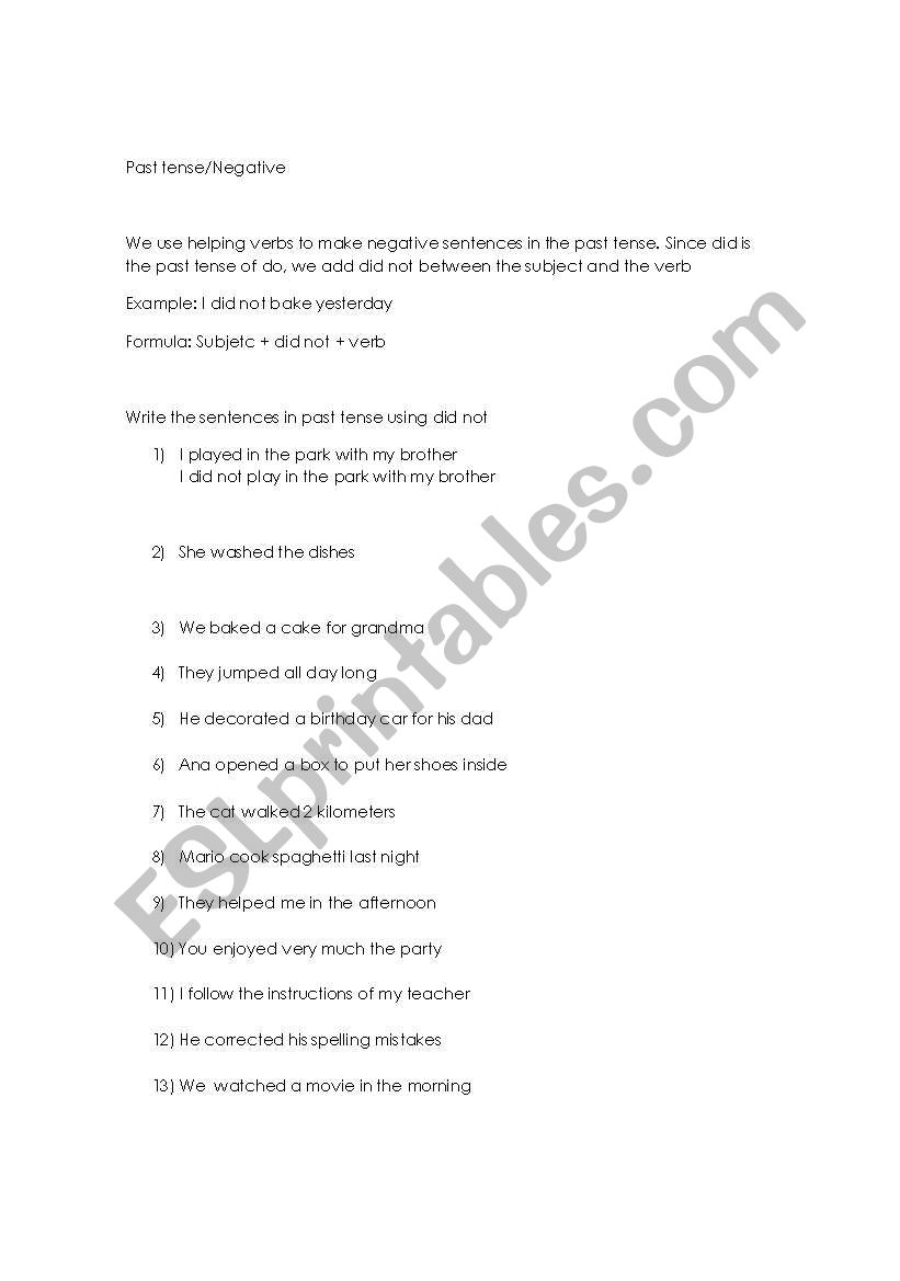 Past tense in negative form worksheet