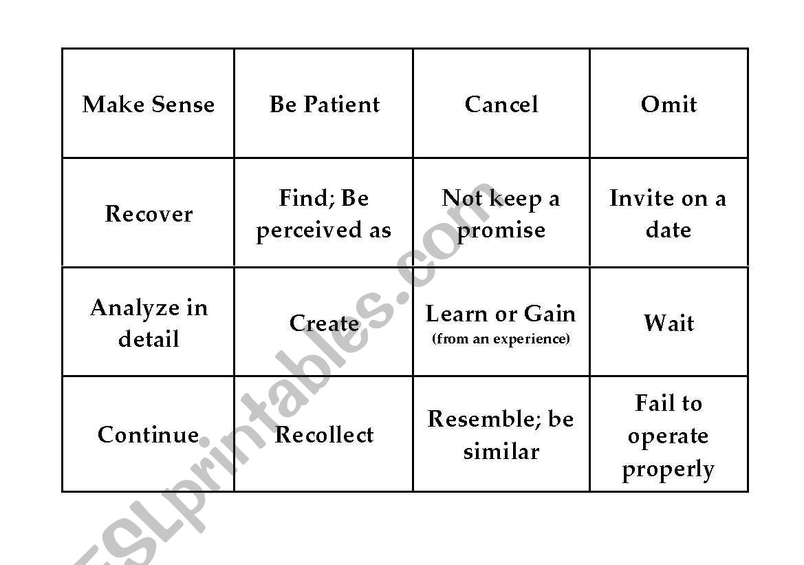 Verb Phrasal Bingo Game worksheet