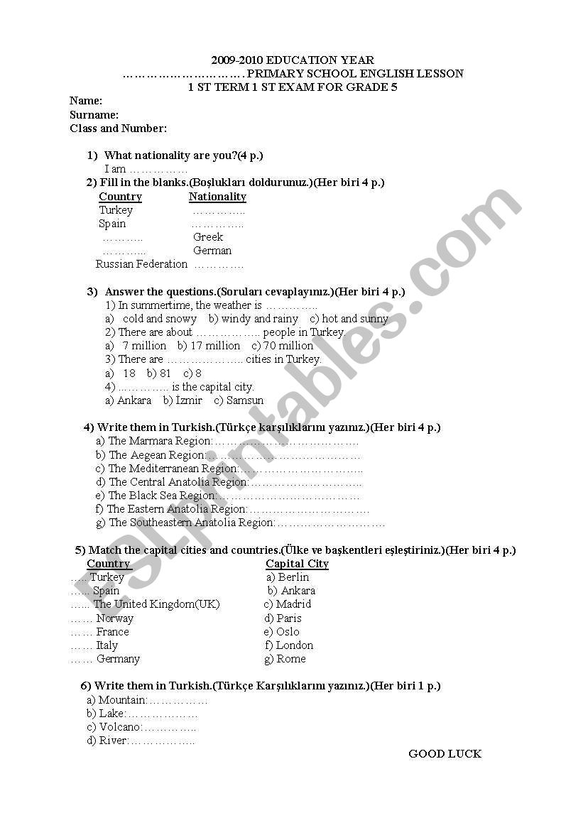 exam for fifth grade worksheet