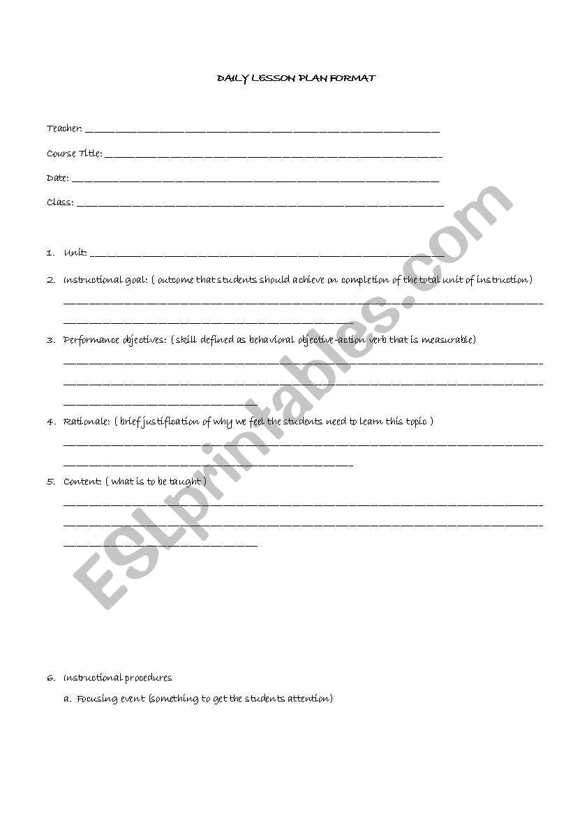 Lesson Plan Format worksheet