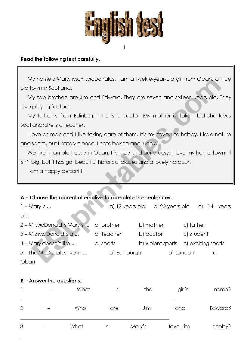 Elementary test worksheet