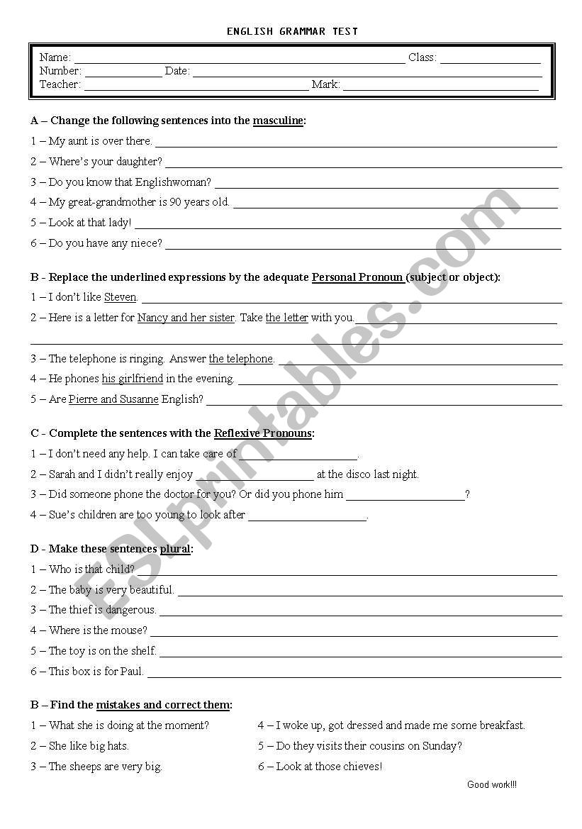 Written test worksheet