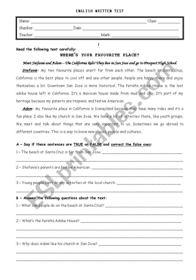 Wriiten test worksheet