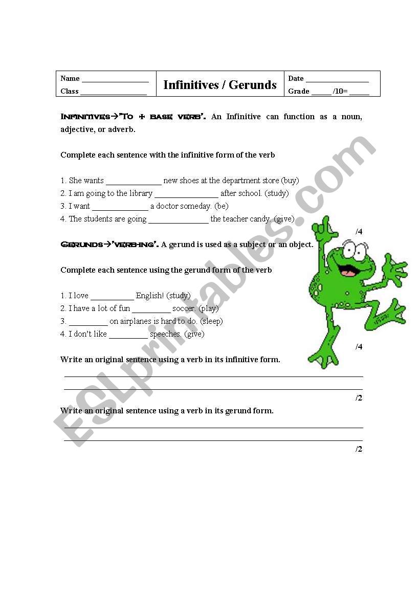 Infinitives and Gerunds worksheet