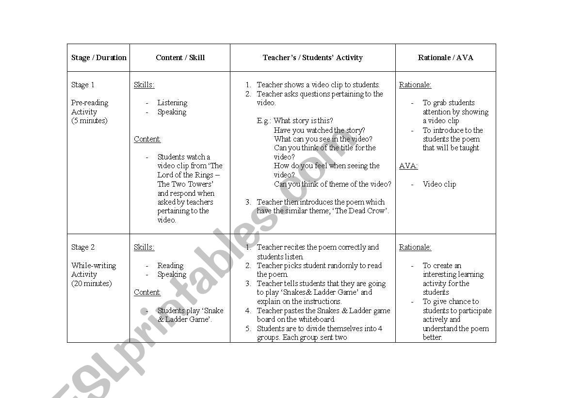 Lesson Plan to teach The Dead Crow