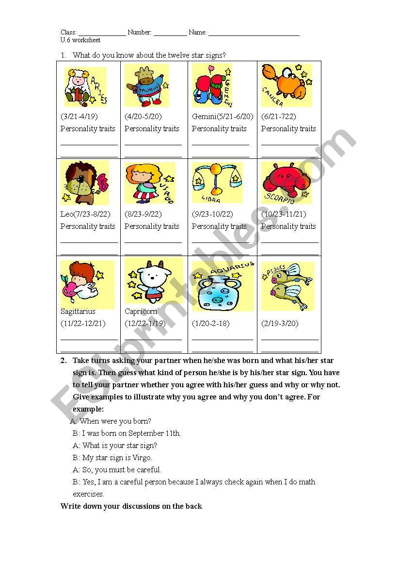 A star sign speaking activity worksheet