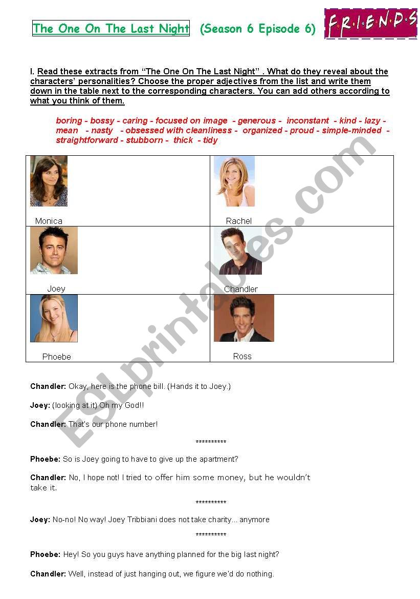 Friends: The One on the Last Night (season 6 episode 6) Exercise on Personality Adjectives + Summary to complete (4 pages)