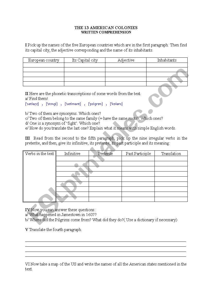 the 13 American colonies 2/2 worksheet