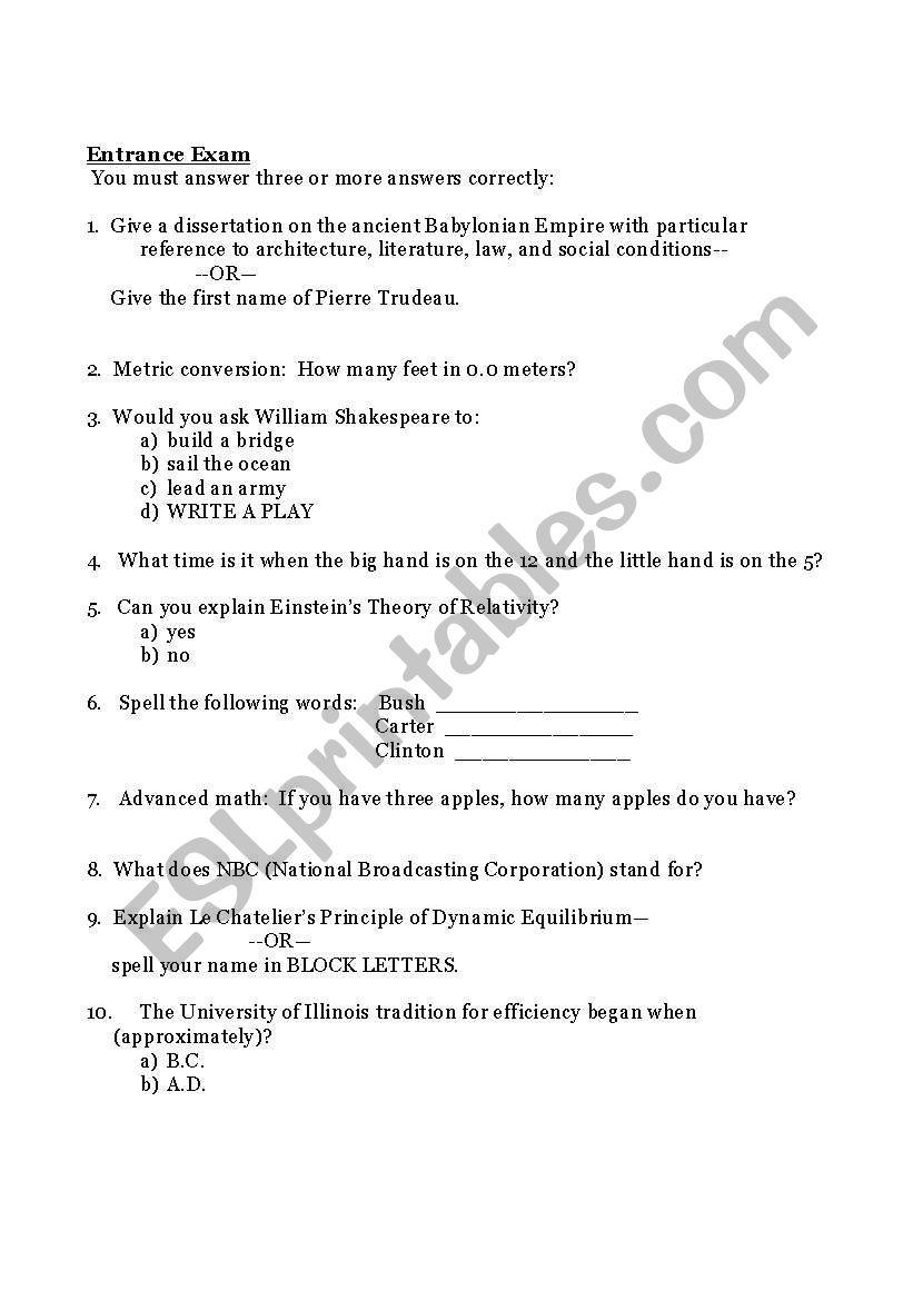 Entrance Exam  worksheet