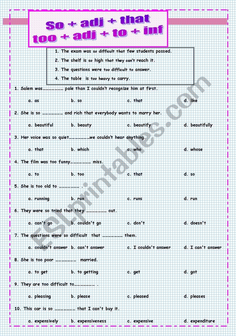 so ... that  / too .. to  worksheet