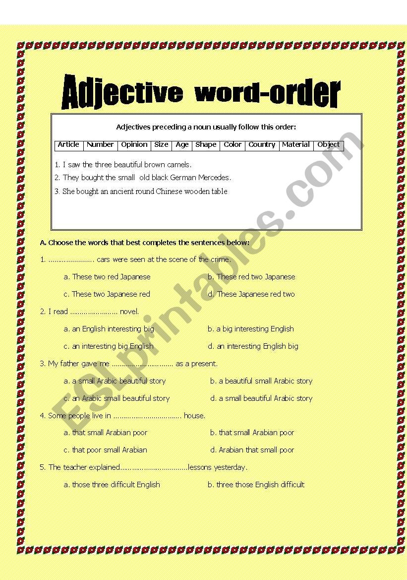 adjective order worksheet