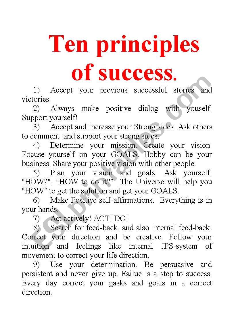 Ten principles of Success. Read and discuss.