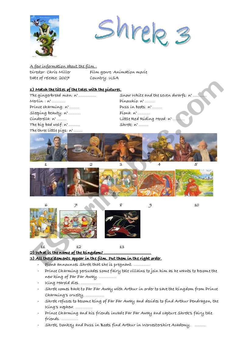 Shrek 3 worksheet