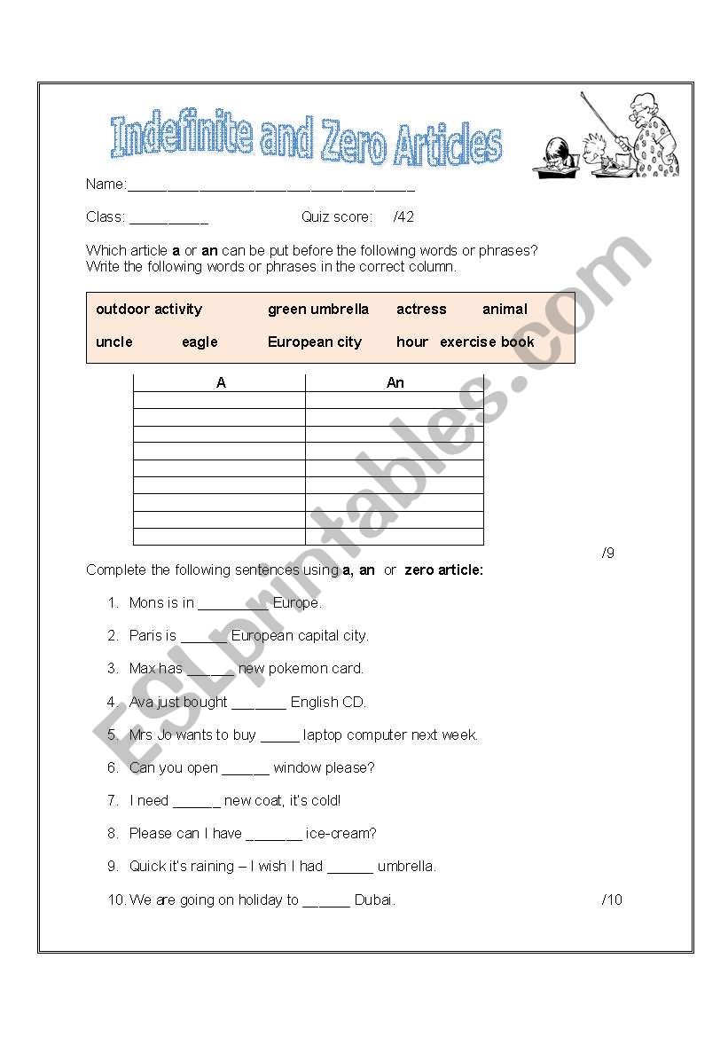 Indefinite and Zero Article Quiz