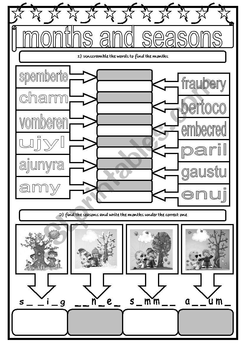 months and seasons B/W worksheet