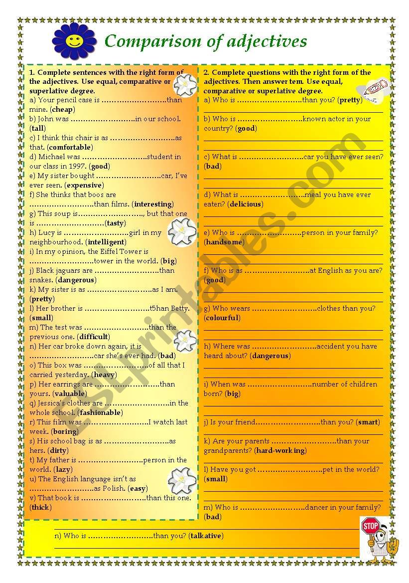 Comparison of adjectives worksheet