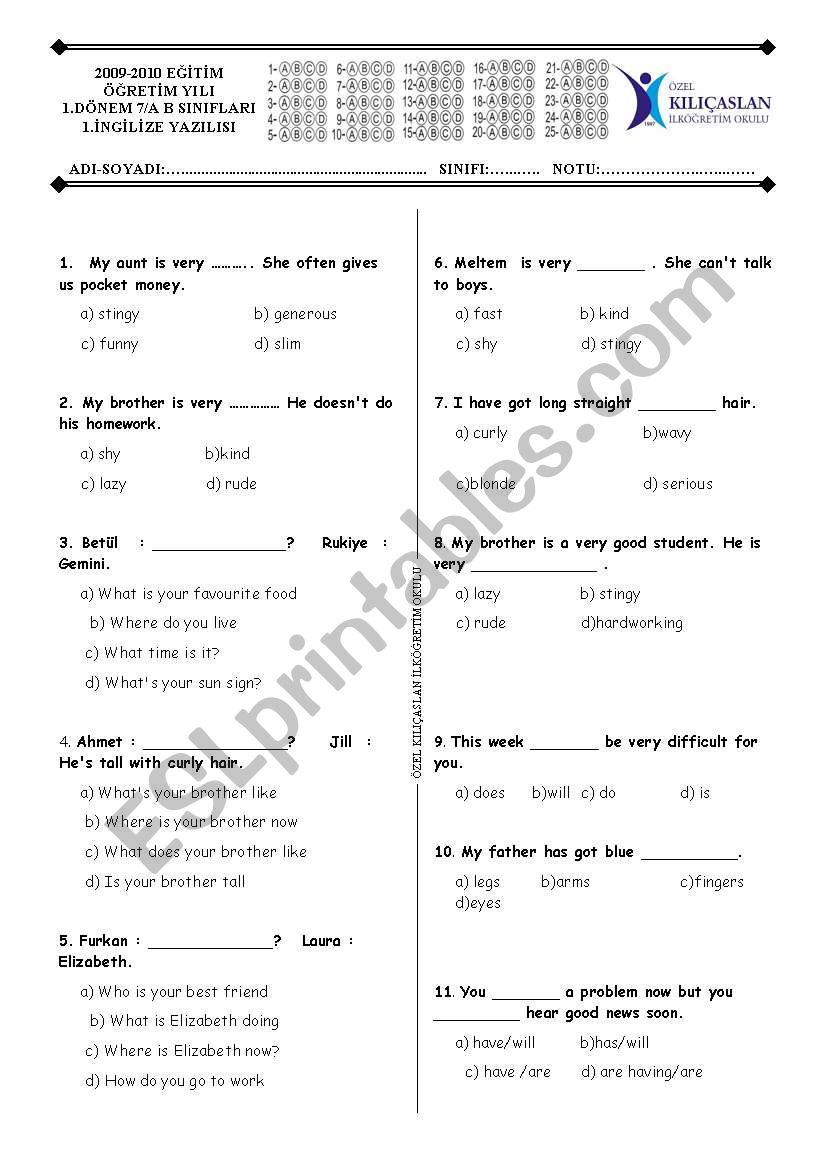 test worksheet