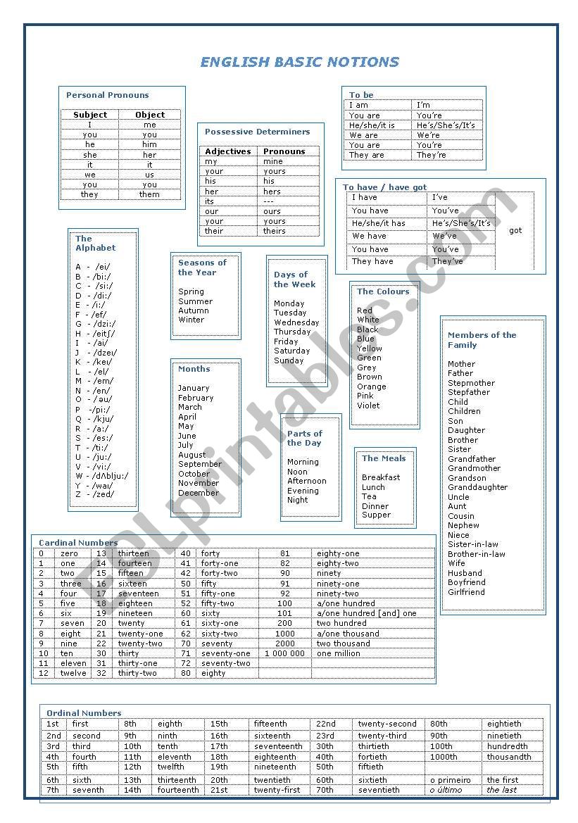 English basic notions worksheet