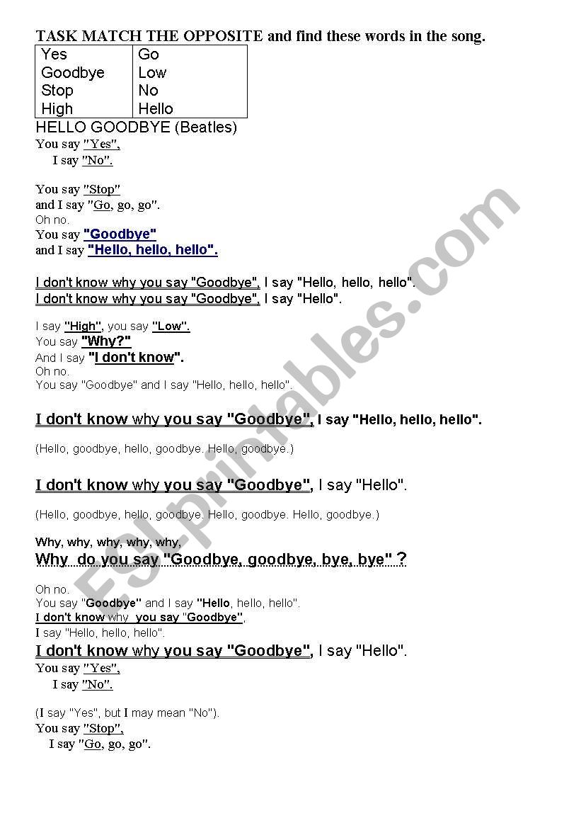 Hello Goodbye song by Beatles worksheet