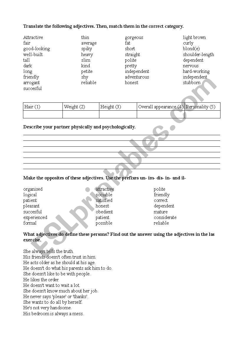 physical and psychological adjectives and travel items