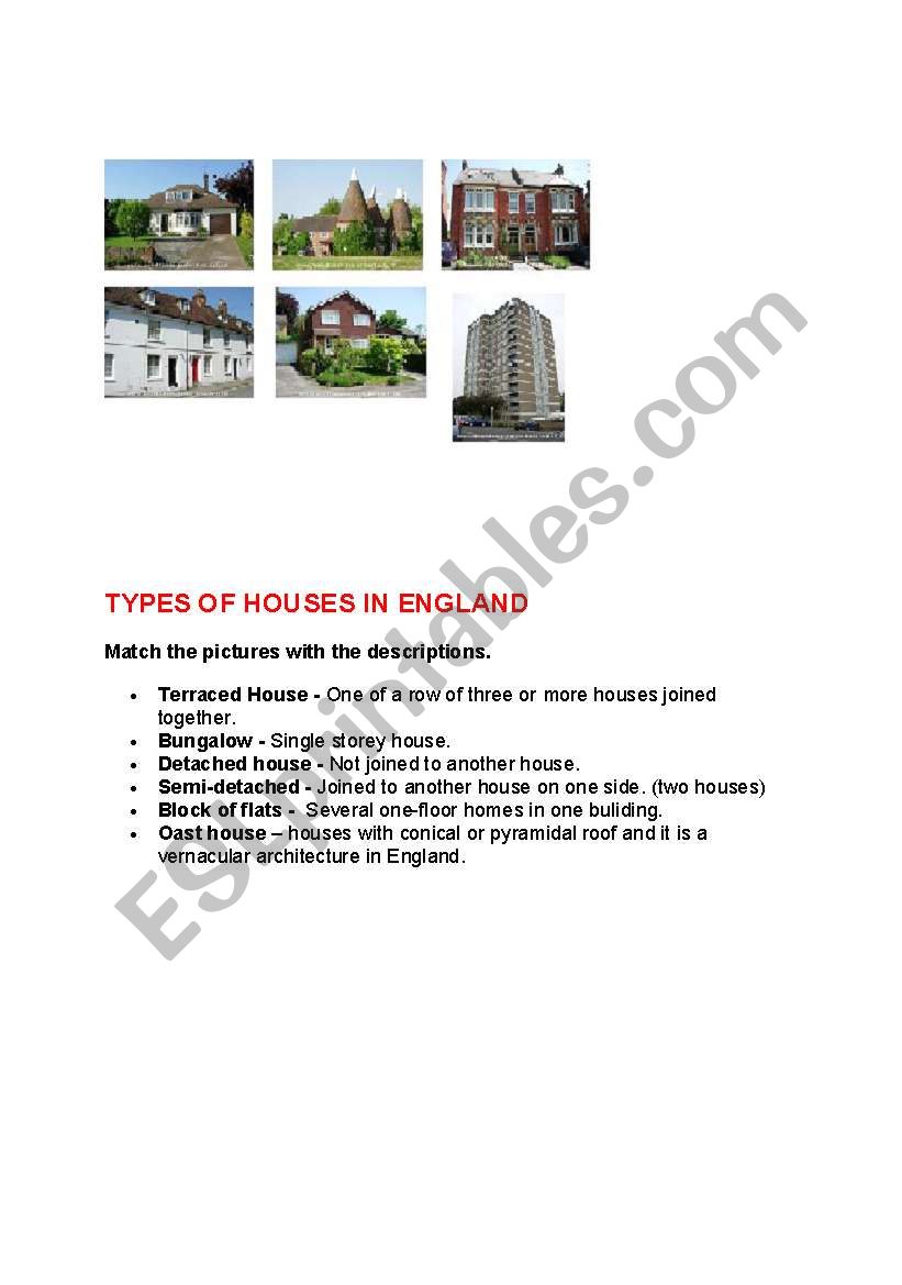 types of houses n england worksheet