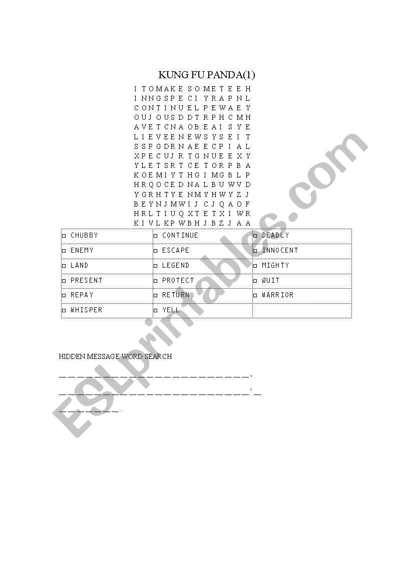 KUNG FU PANDA Wordsearch worksheet