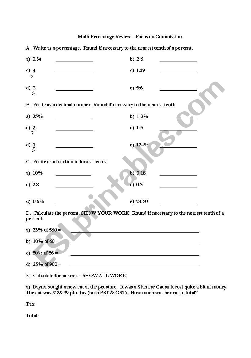 Percentage Review worksheet