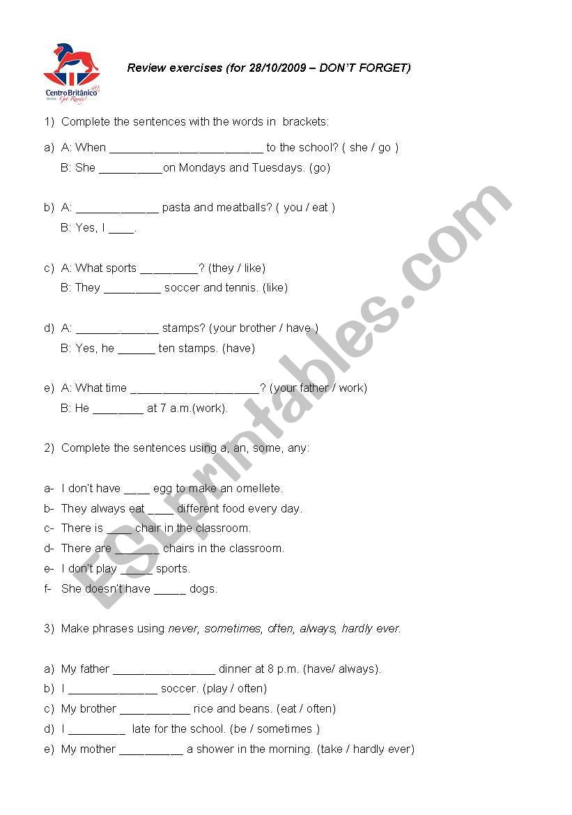 review of past worksheet
