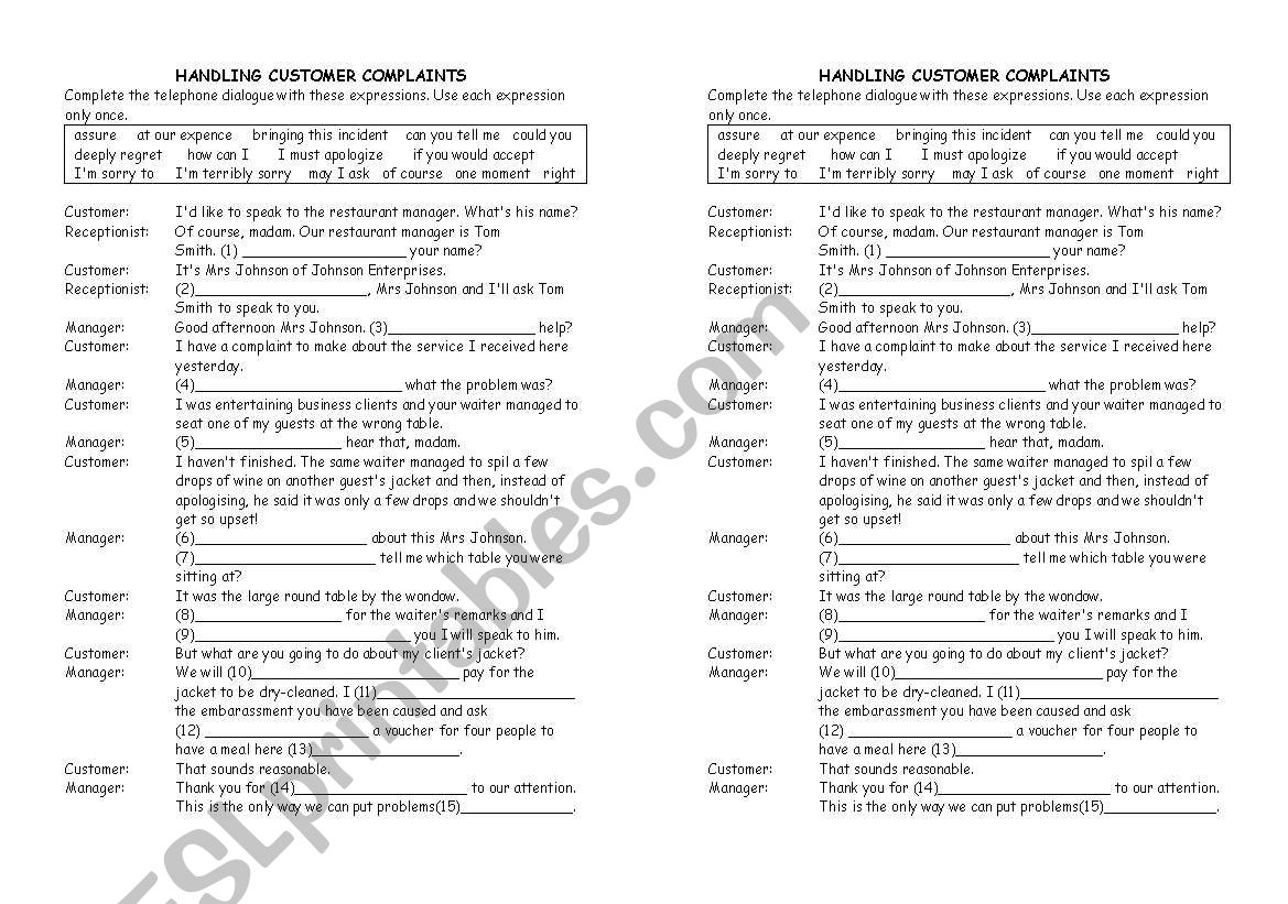 complaints worksheet