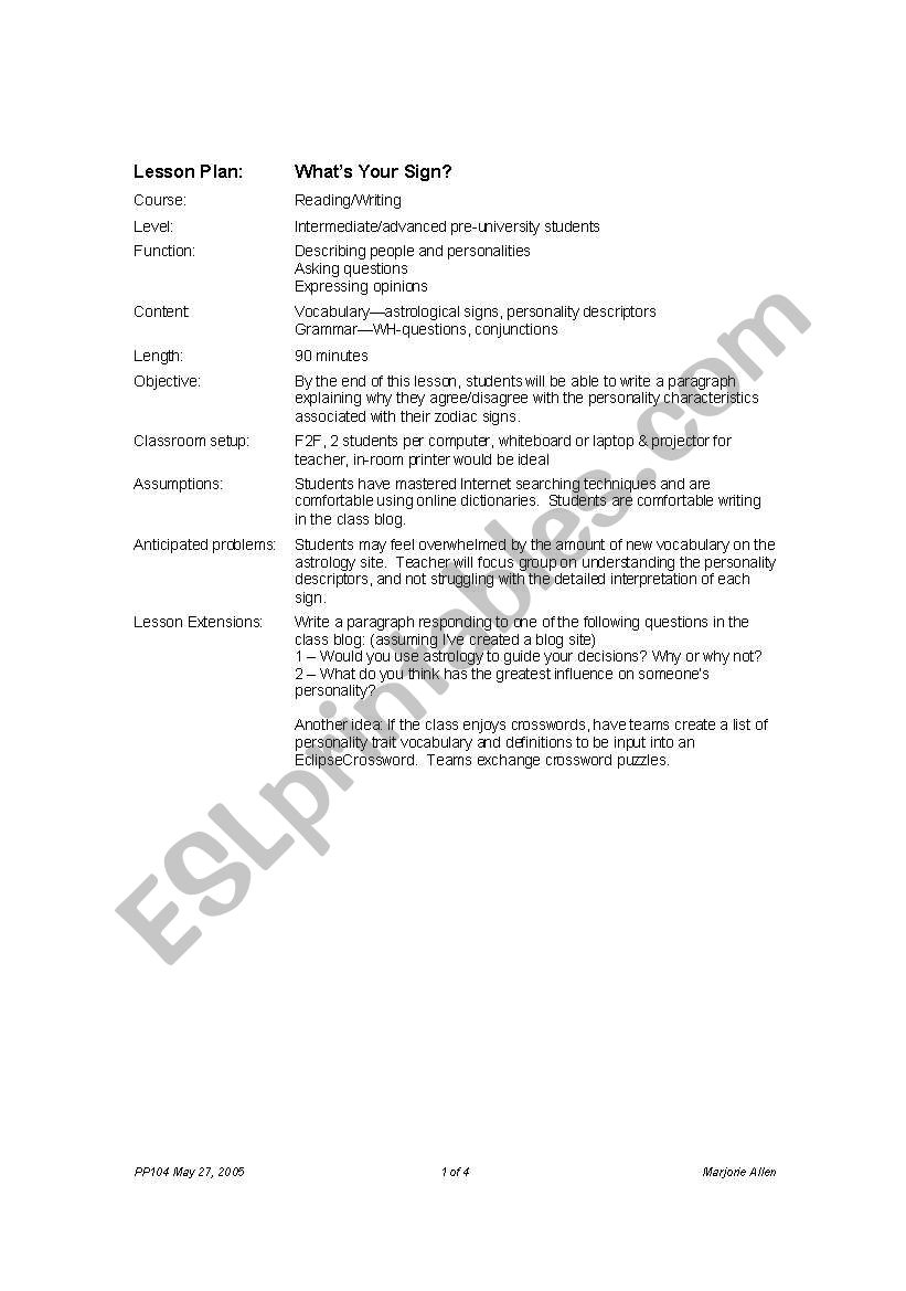 What’s Your Sign? worksheet