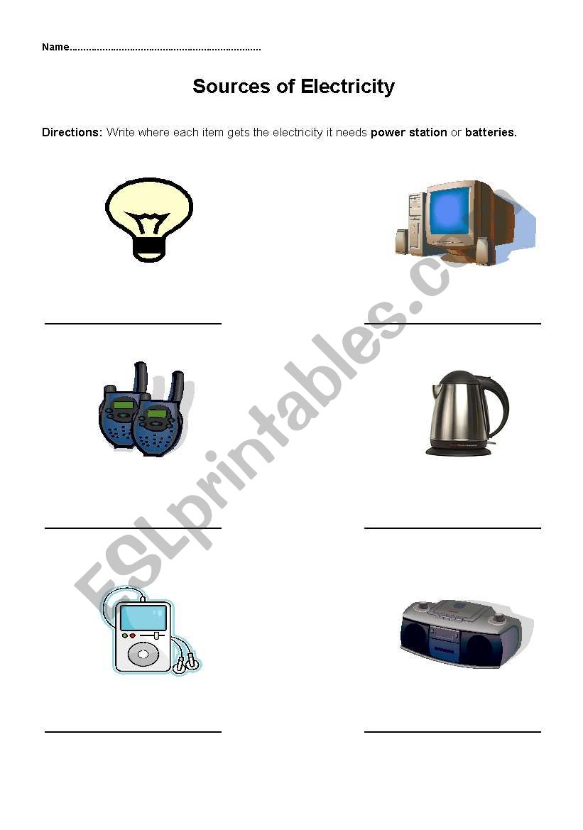 Sources of Electricity worksheet