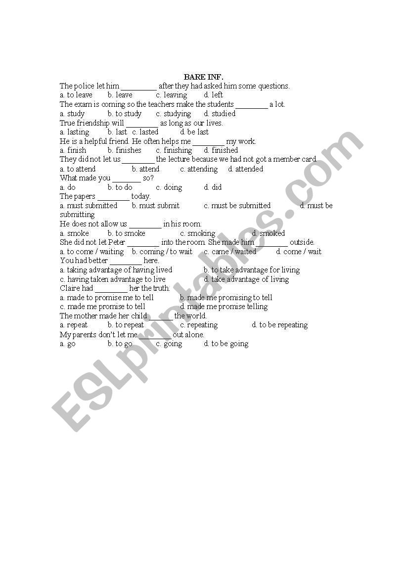 Exercise on Bare infinitives worksheet