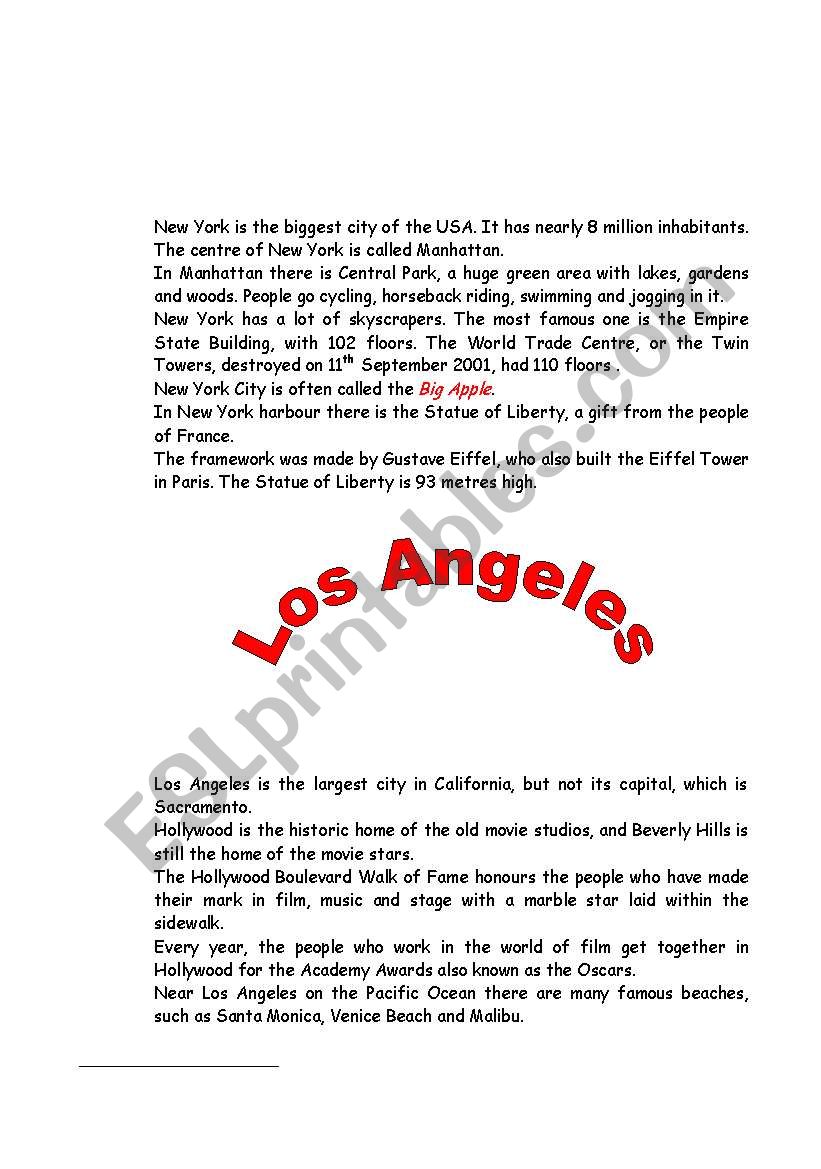 new york and los angeles worksheet