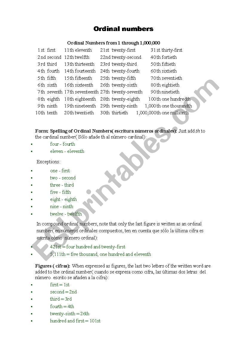 ORDINAL NUMBERS worksheet