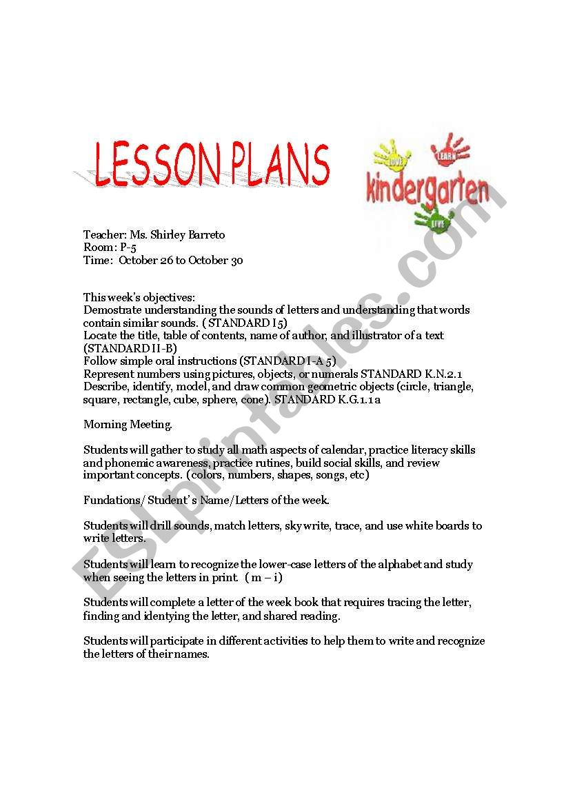 Kindergarten lesson plan worksheet