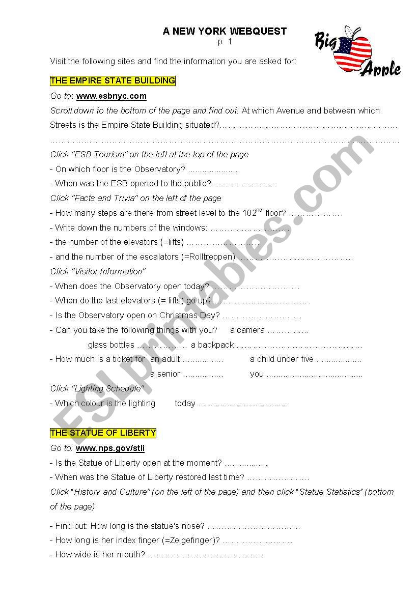 New York webquest worksheet