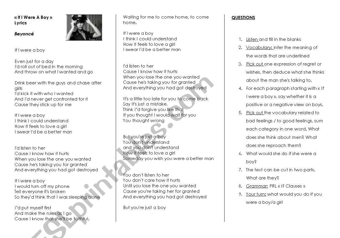 Beyonc - If I were a boy worksheet