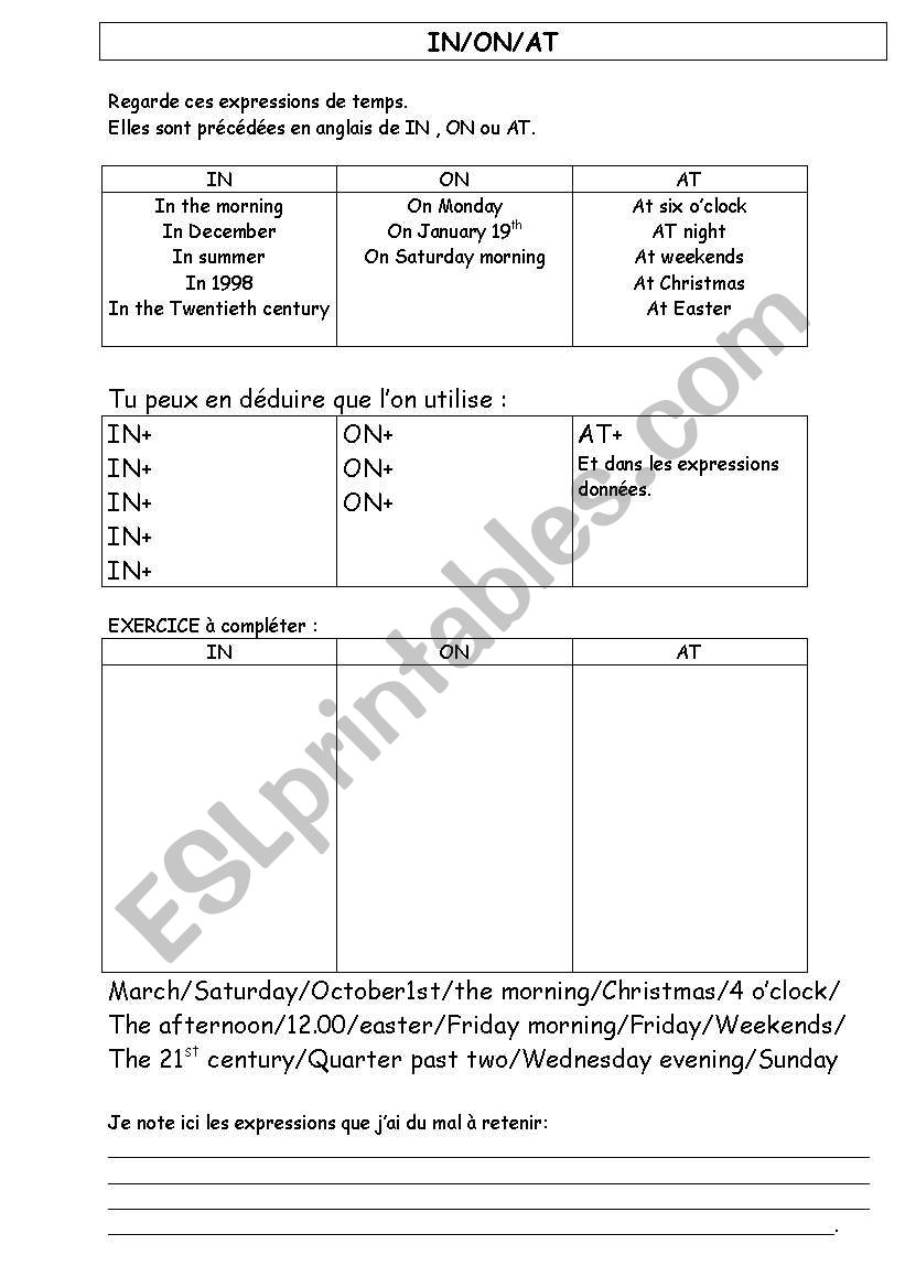 IN/ON/AT worksheet