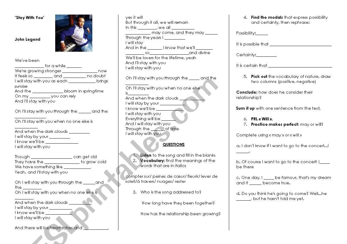 John Legend - Stay with you worksheet