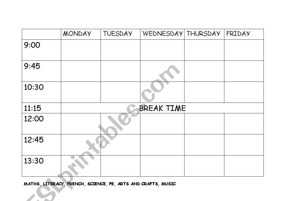 School Timetable worksheet