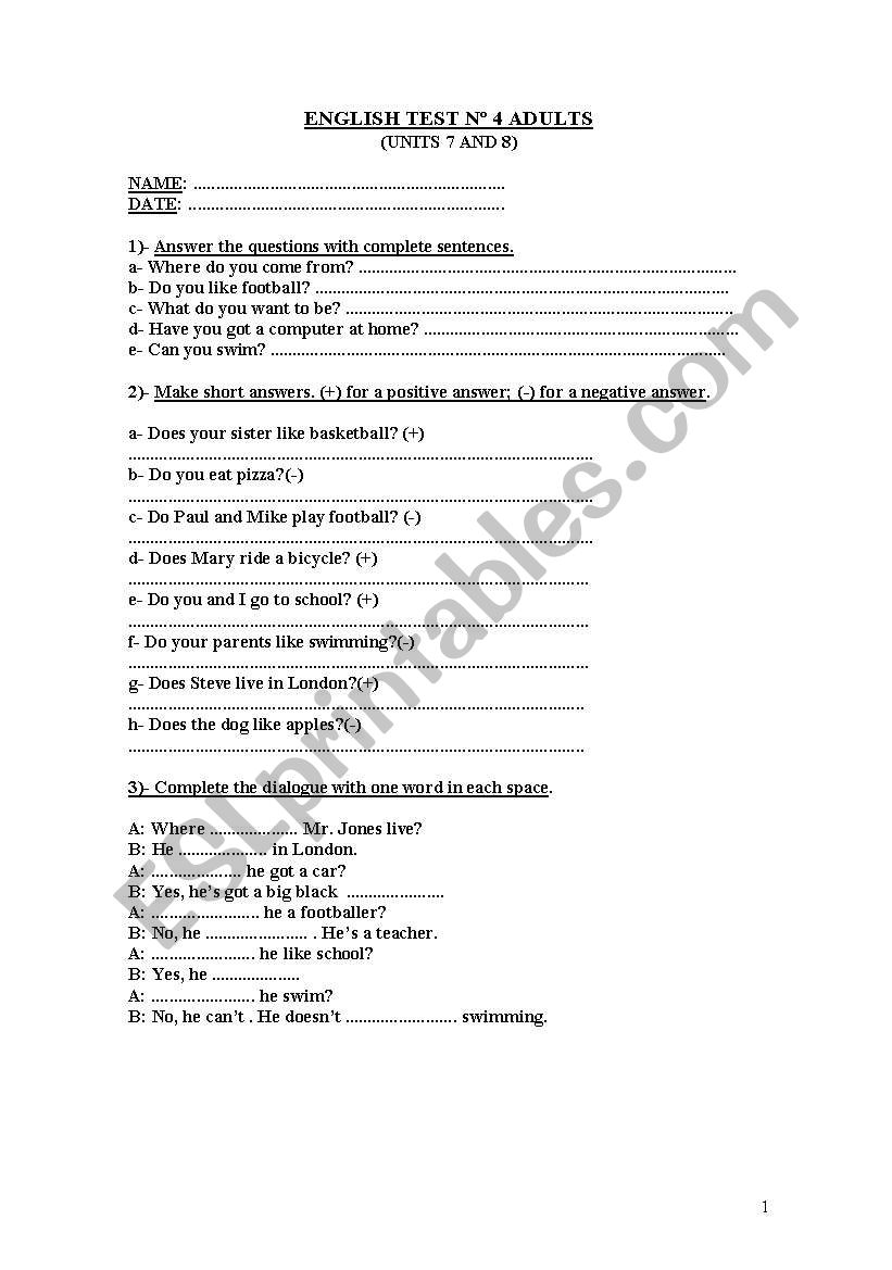english test for adults worksheet