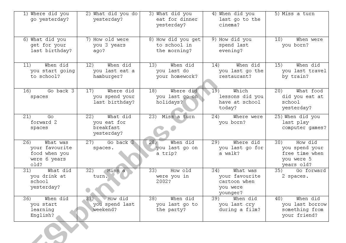 Board game worksheet