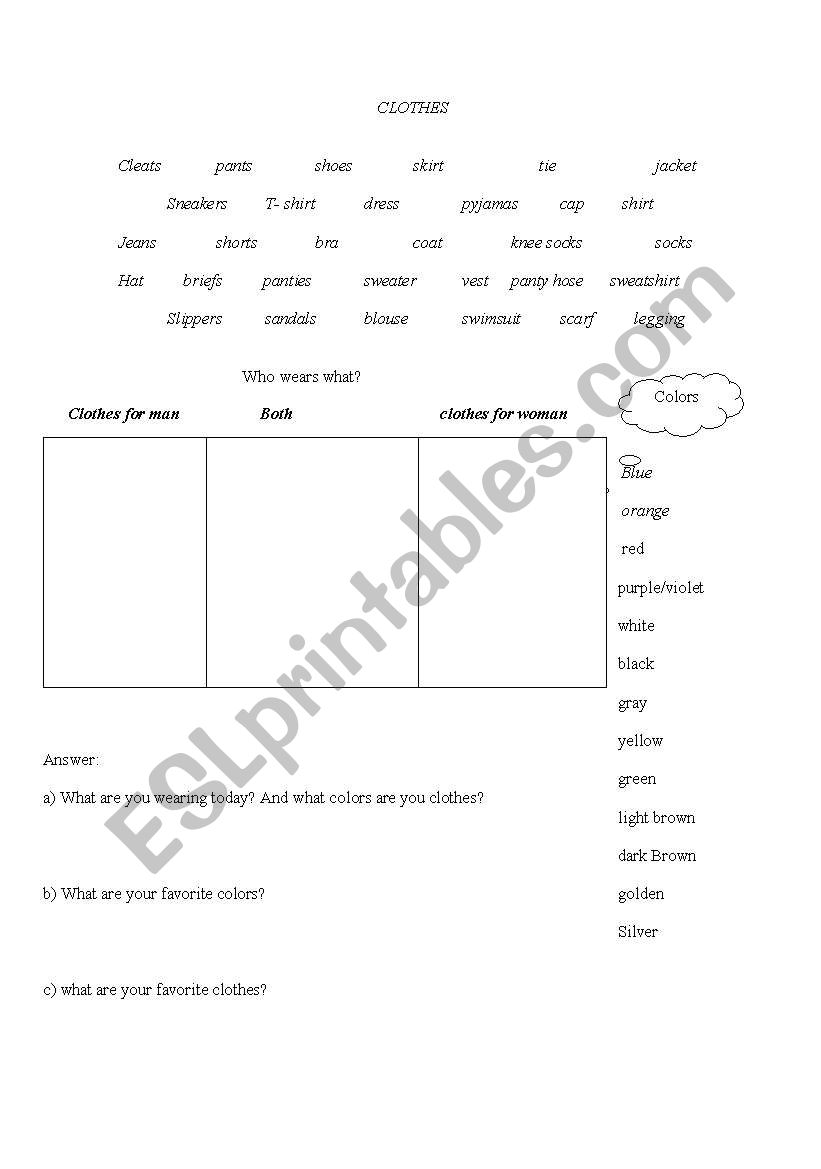 clothes worksheet