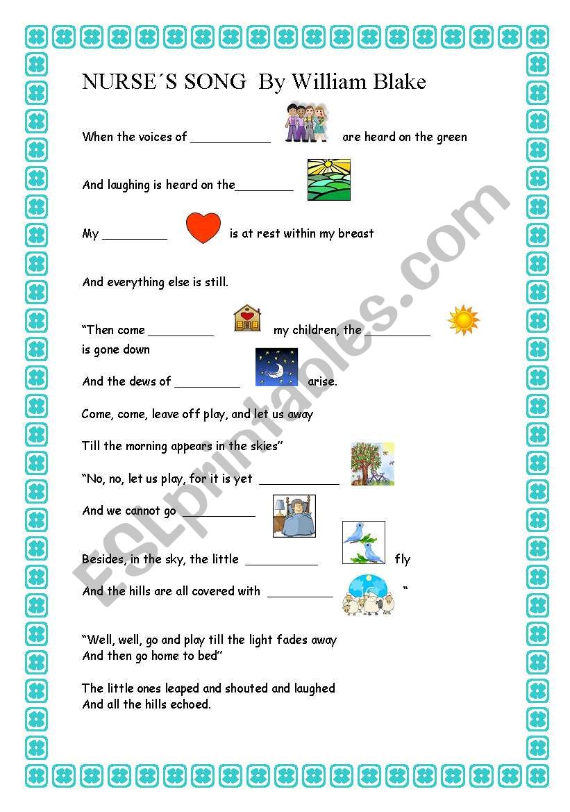 Nurses song by William Blake worksheet